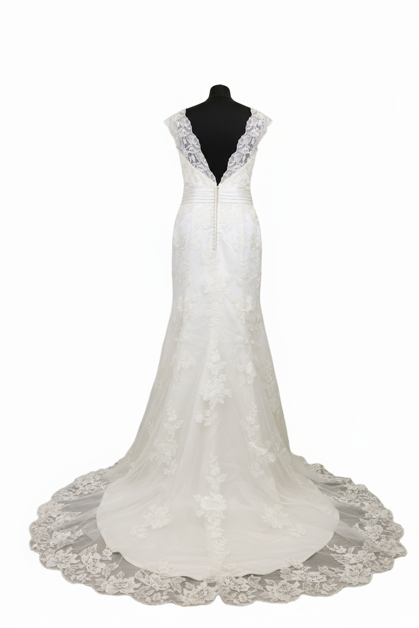 White Lace Wedding Dress with Floral Details - Image 2