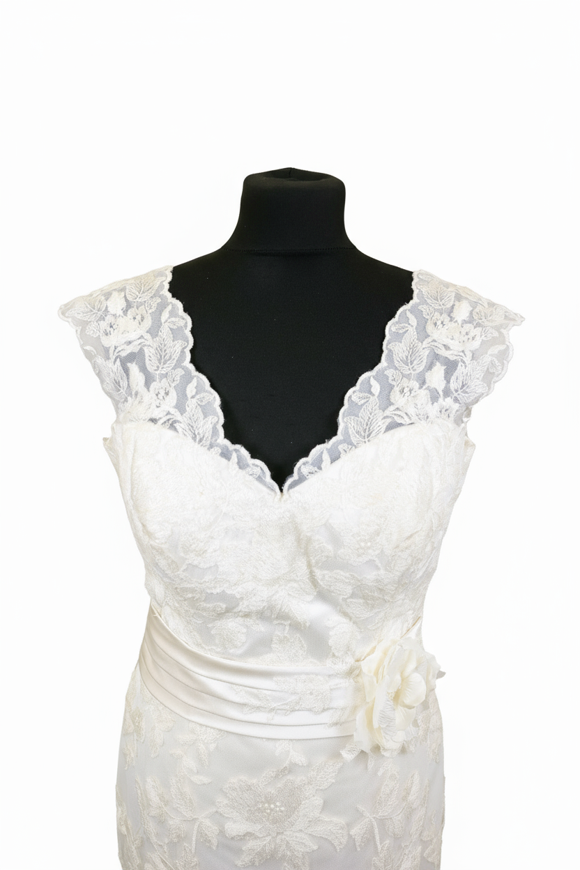 White Lace Wedding Dress with Floral Details - Image 3