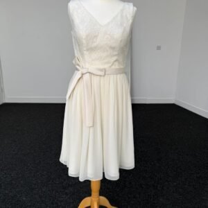 Ivory Lace Bodice Tea-Length Wedding Dress with Bow Waist