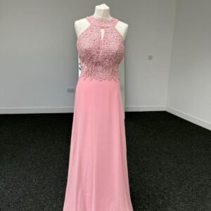Blush Pink Halter Neck Lace Embellished Evening Gown