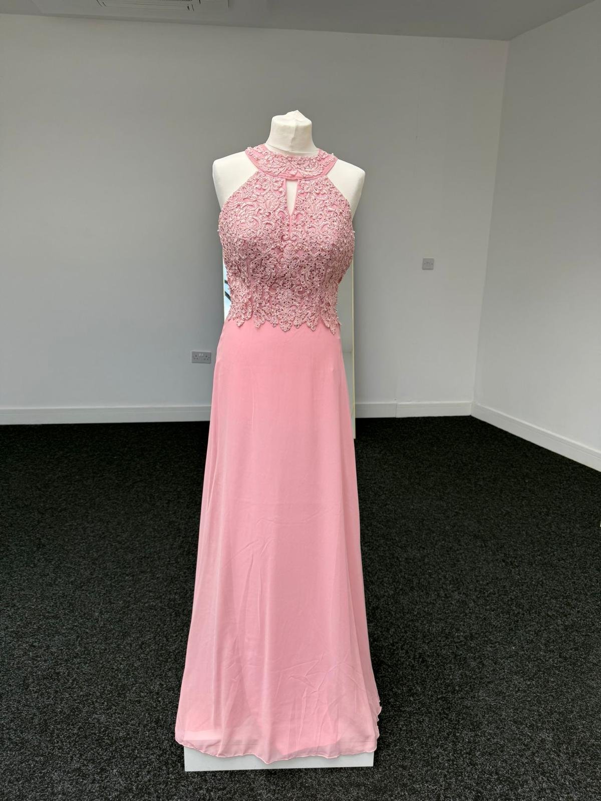 Blush Pink Halter Neck Lace Embellished Evening Gown