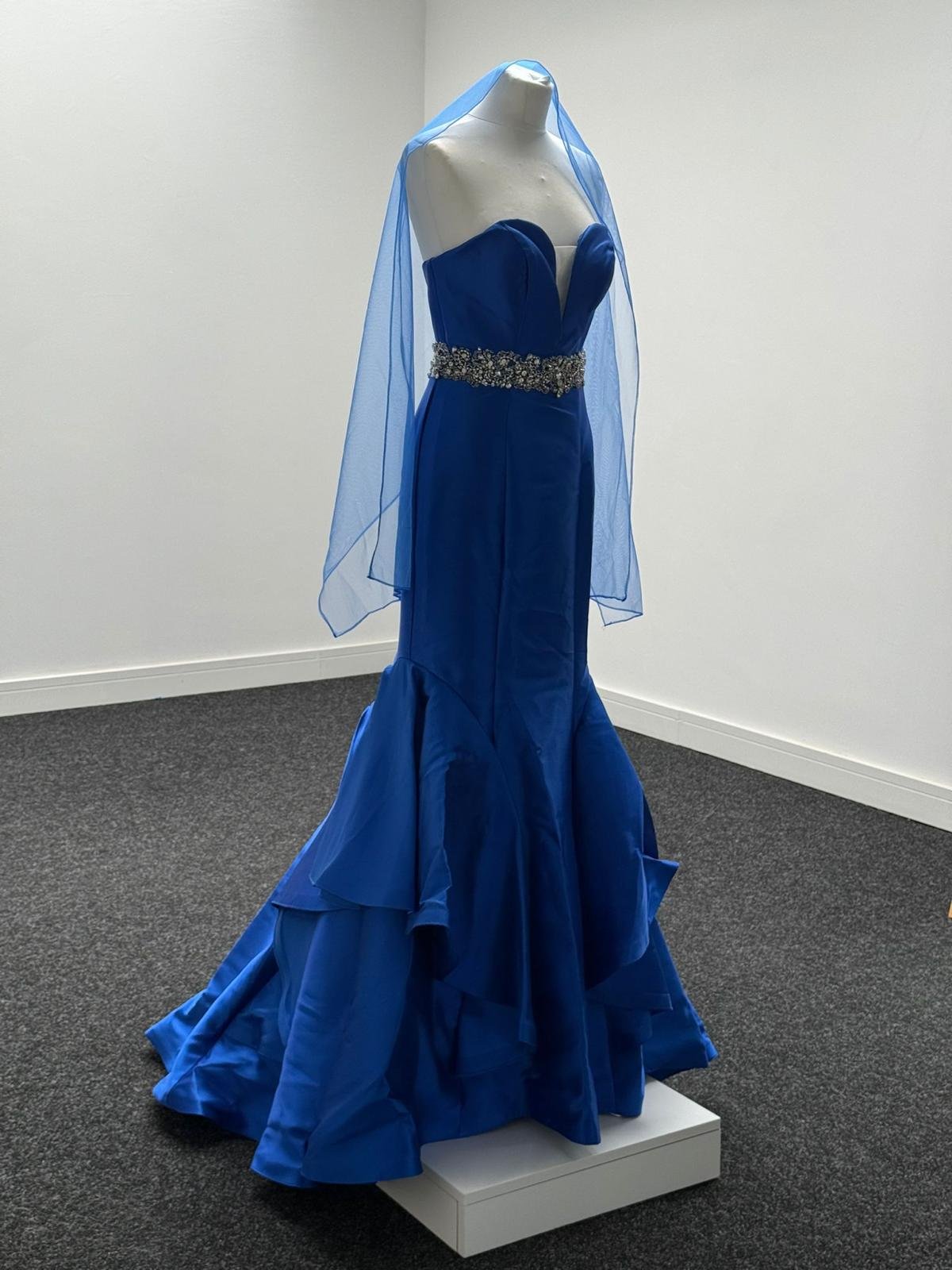 Royal Blue Strapless Mermaid Evening Gown with Crystal Embellished Waist - Image 2