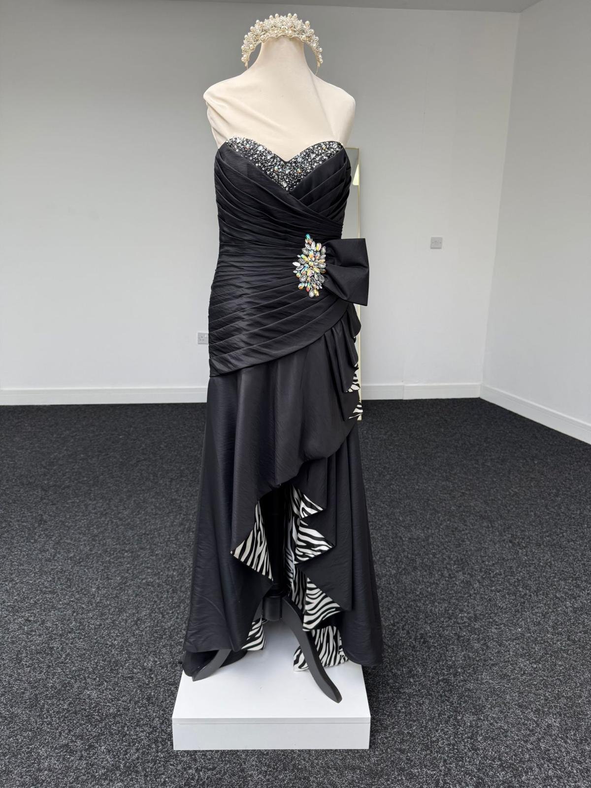 Black Strapless Sweetheart Evening Gown with Crystal Brooch Detail