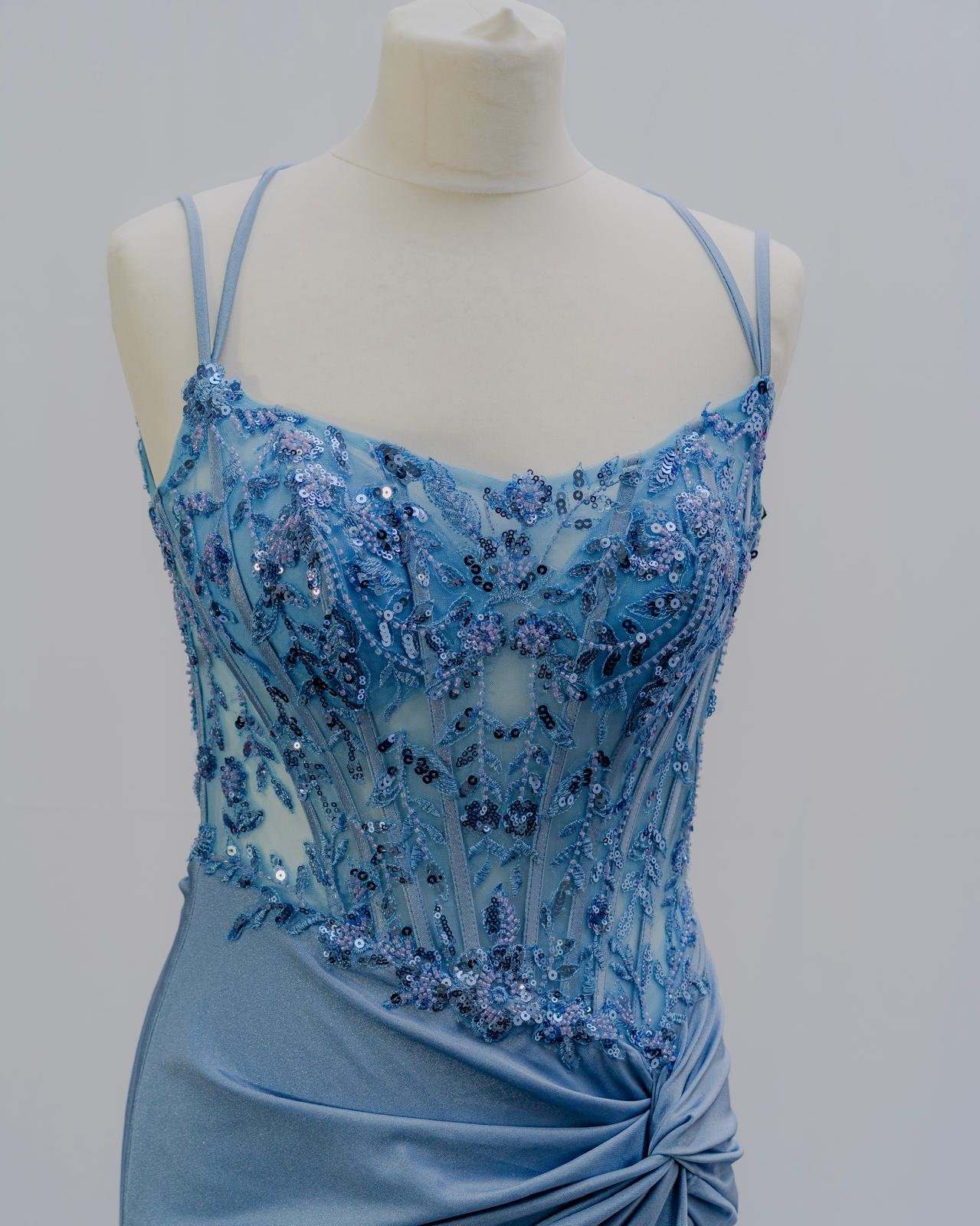 Sky Blue Floral Embellished Evening Dress
